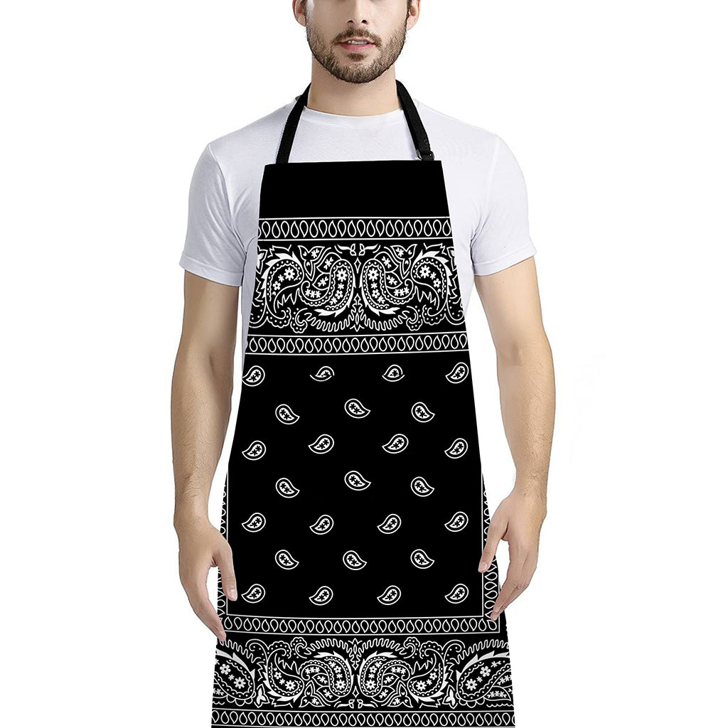Black And White Paisley Bandana Print Bib Apron With Pocket