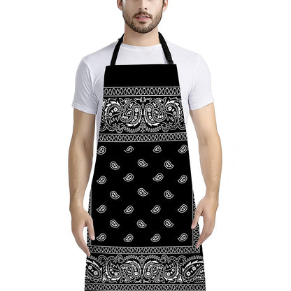 Black And White Paisley Bandana Print Bib Apron With Pocket