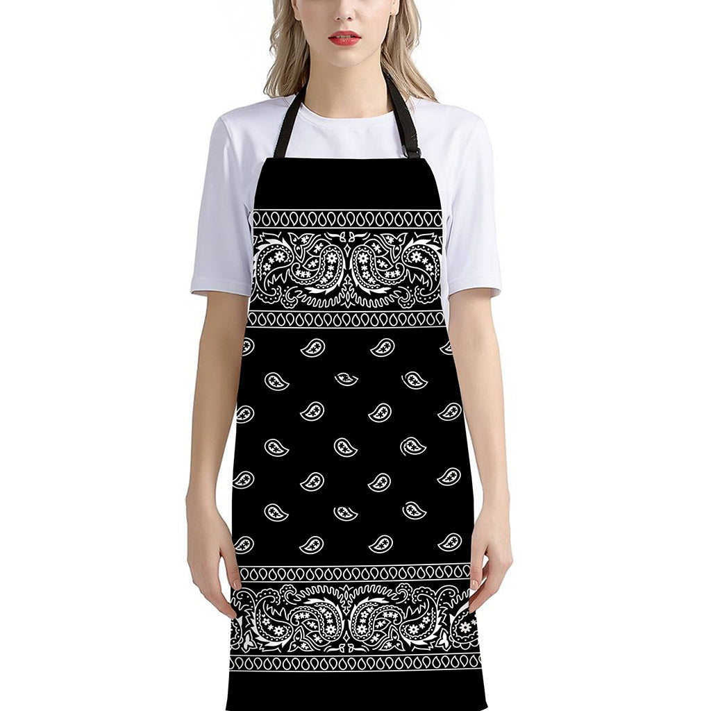 Black And White Paisley Bandana Print Bib Apron With Pocket