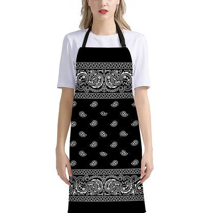 Black And White Paisley Bandana Print Bib Apron With Pocket