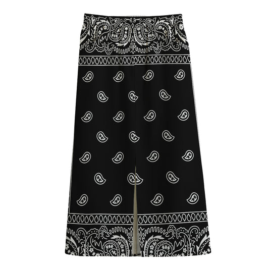 Black And White Paisley Bandana Print Cotton Front Slit Maxi Skirt
