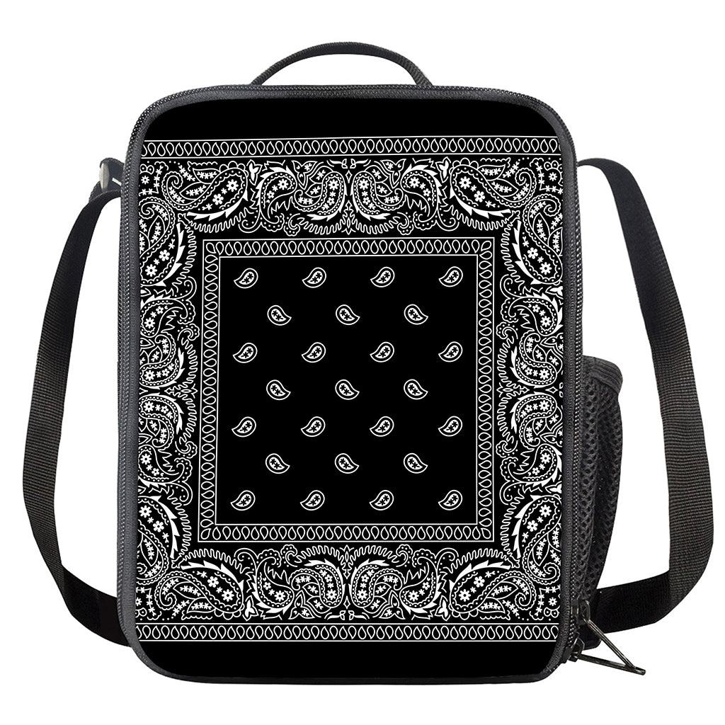 Black And White Paisley Bandana Print Crossbody Lunch Bag
