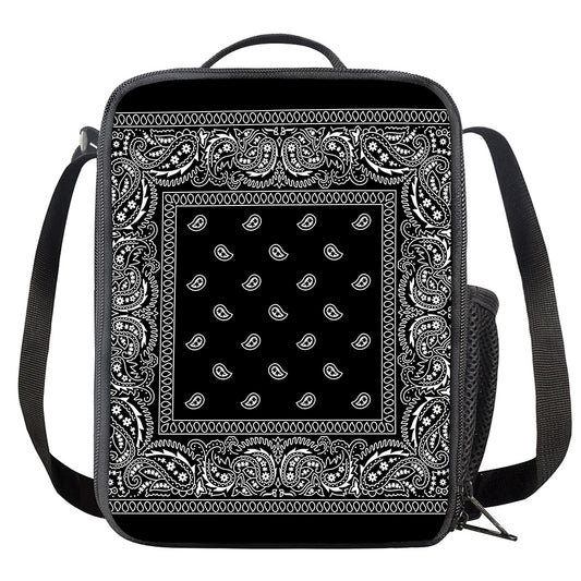 Black And White Paisley Bandana Print Crossbody Lunch Bag