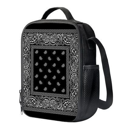 Black And White Paisley Bandana Print Crossbody Lunch Bag