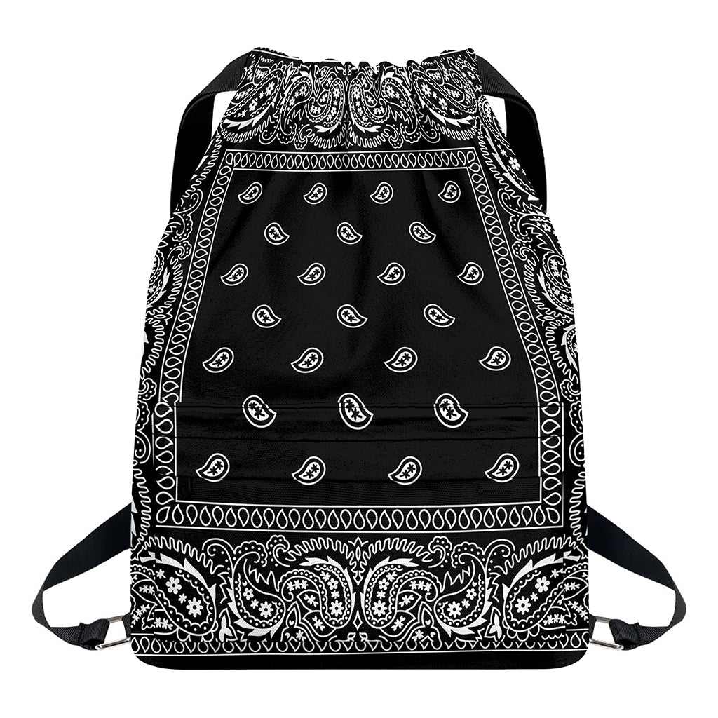 Black And White Paisley Bandana Print Drawstring Backpack