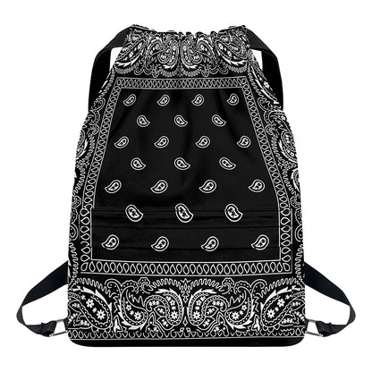 Black And White Paisley Bandana Print Drawstring Backpack