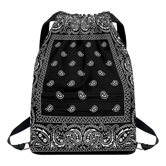 Black And White Paisley Bandana Print Drawstring Backpack