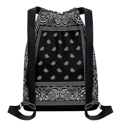 Black And White Paisley Bandana Print Drawstring Backpack