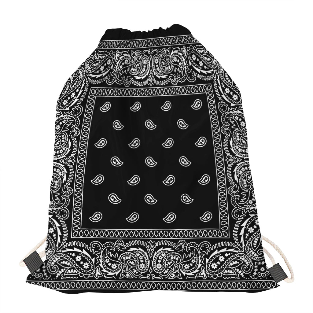 Black And White Paisley Bandana Print Drawstring Bag