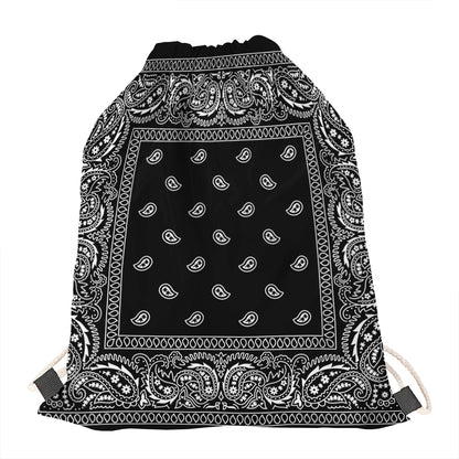 Black And White Paisley Bandana Print Drawstring Bag