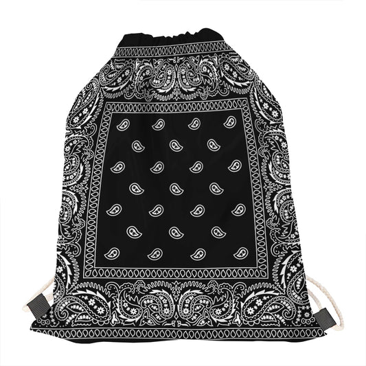 Black And White Paisley Bandana Print Drawstring Bag
