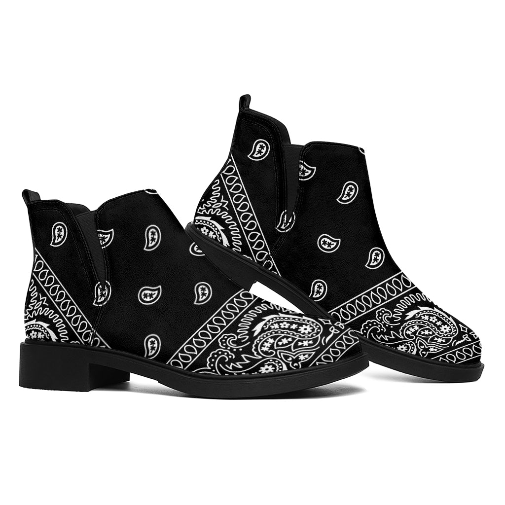 Black And White Paisley Bandana Print Flat Ankle Boots