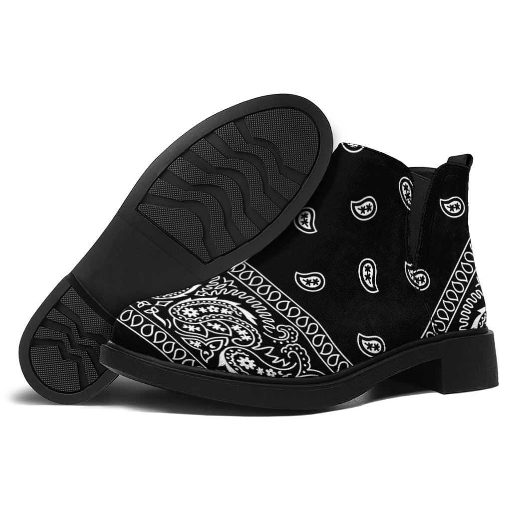 Black And White Paisley Bandana Print Flat Ankle Boots