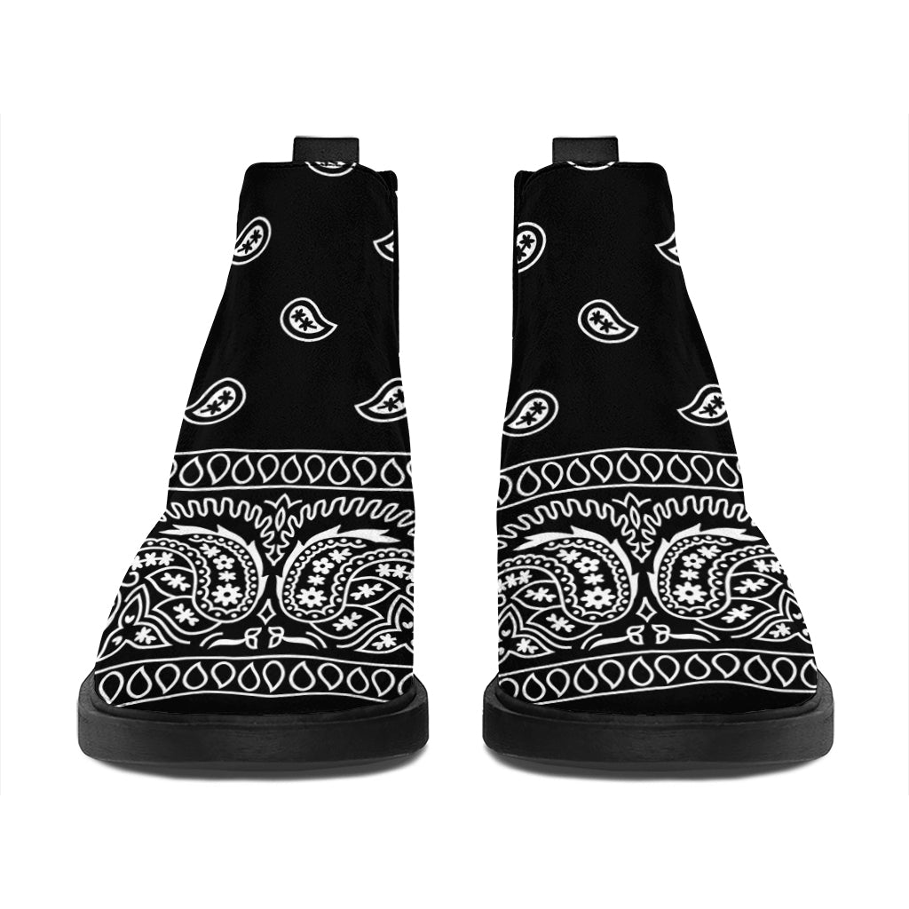 Black And White Paisley Bandana Print Flat Ankle Boots