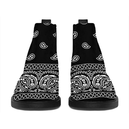 Black And White Paisley Bandana Print Flat Ankle Boots