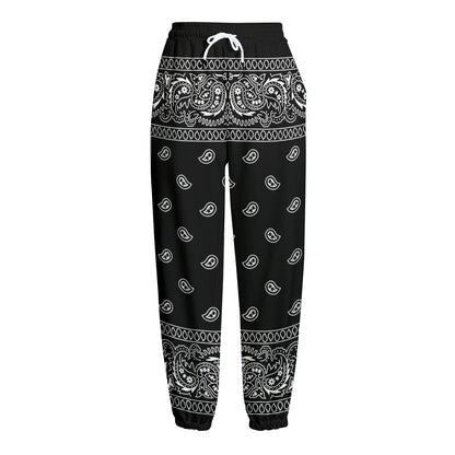 Black And White Paisley Bandana Print Fleece Lined Knit Pants