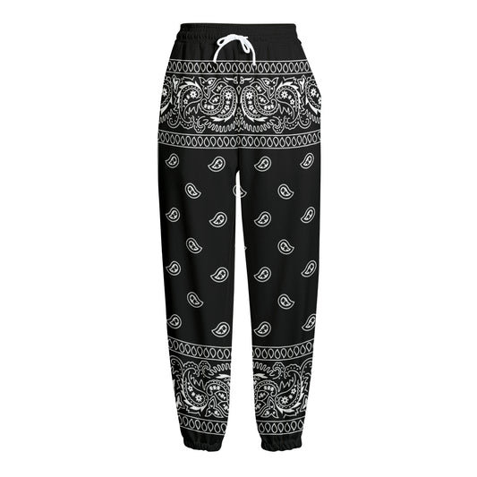 Black And White Paisley Bandana Print Fleece Lined Knit Pants