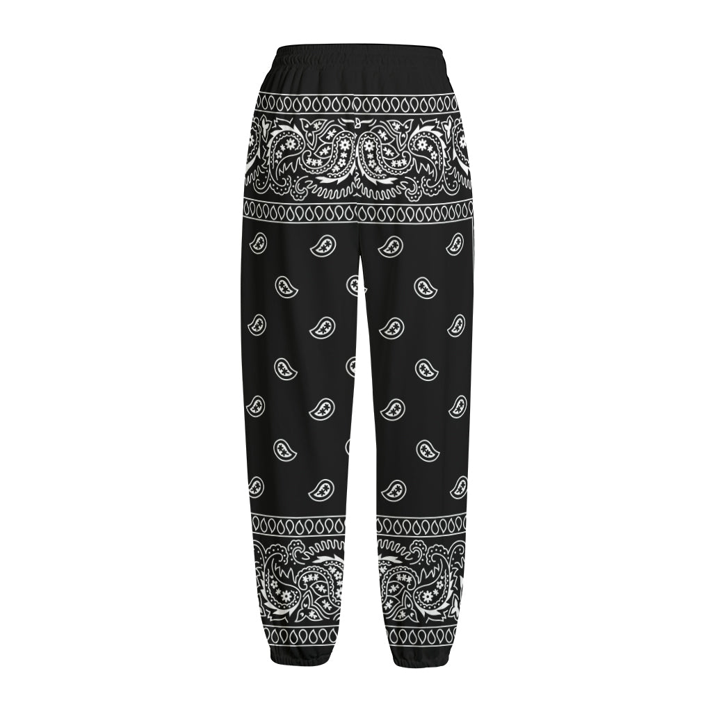 Black And White Paisley Bandana Print Fleece Lined Knit Pants