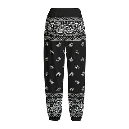Black And White Paisley Bandana Print Fleece Lined Knit Pants