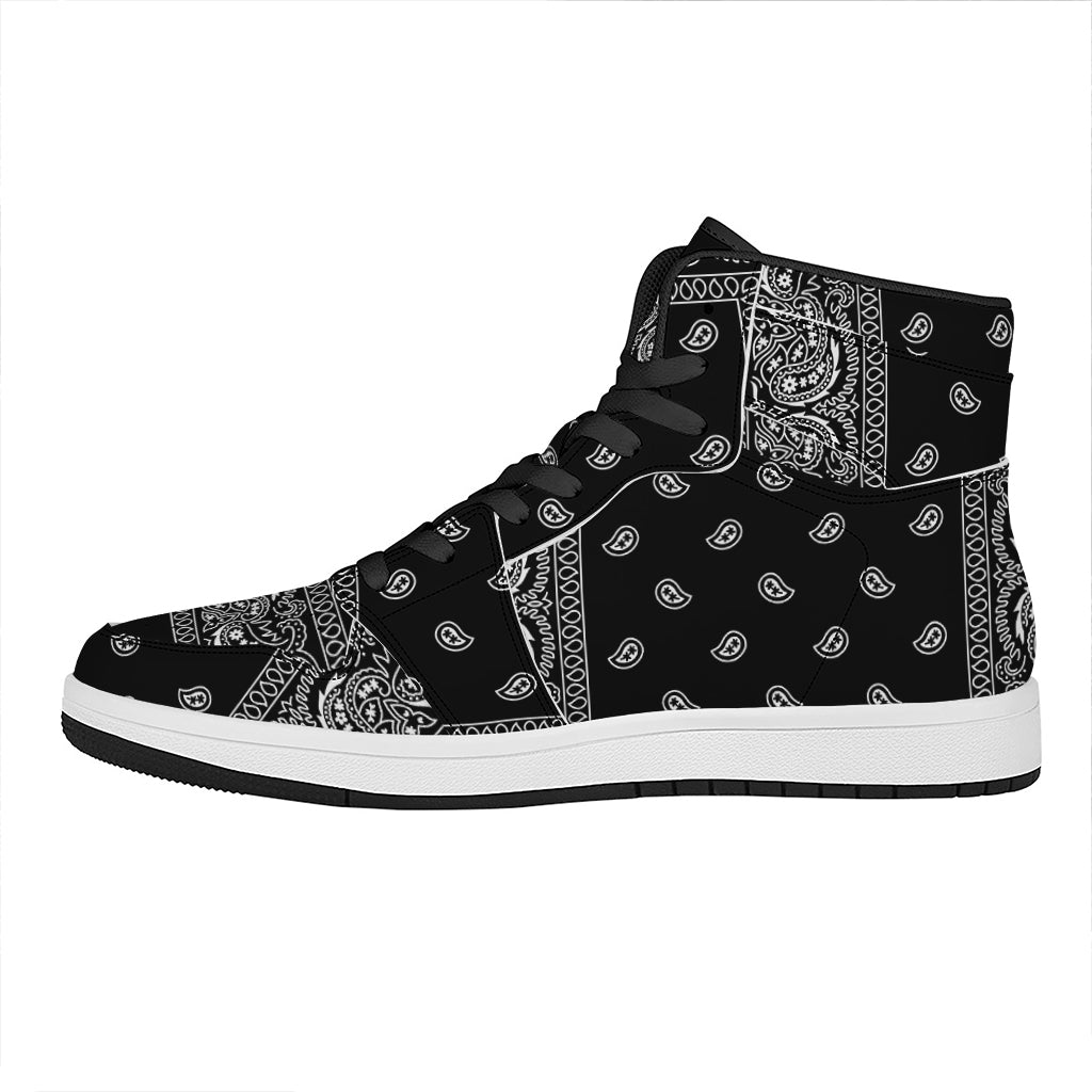 Black And White Paisley Bandana Print High Top Leather Sneakers