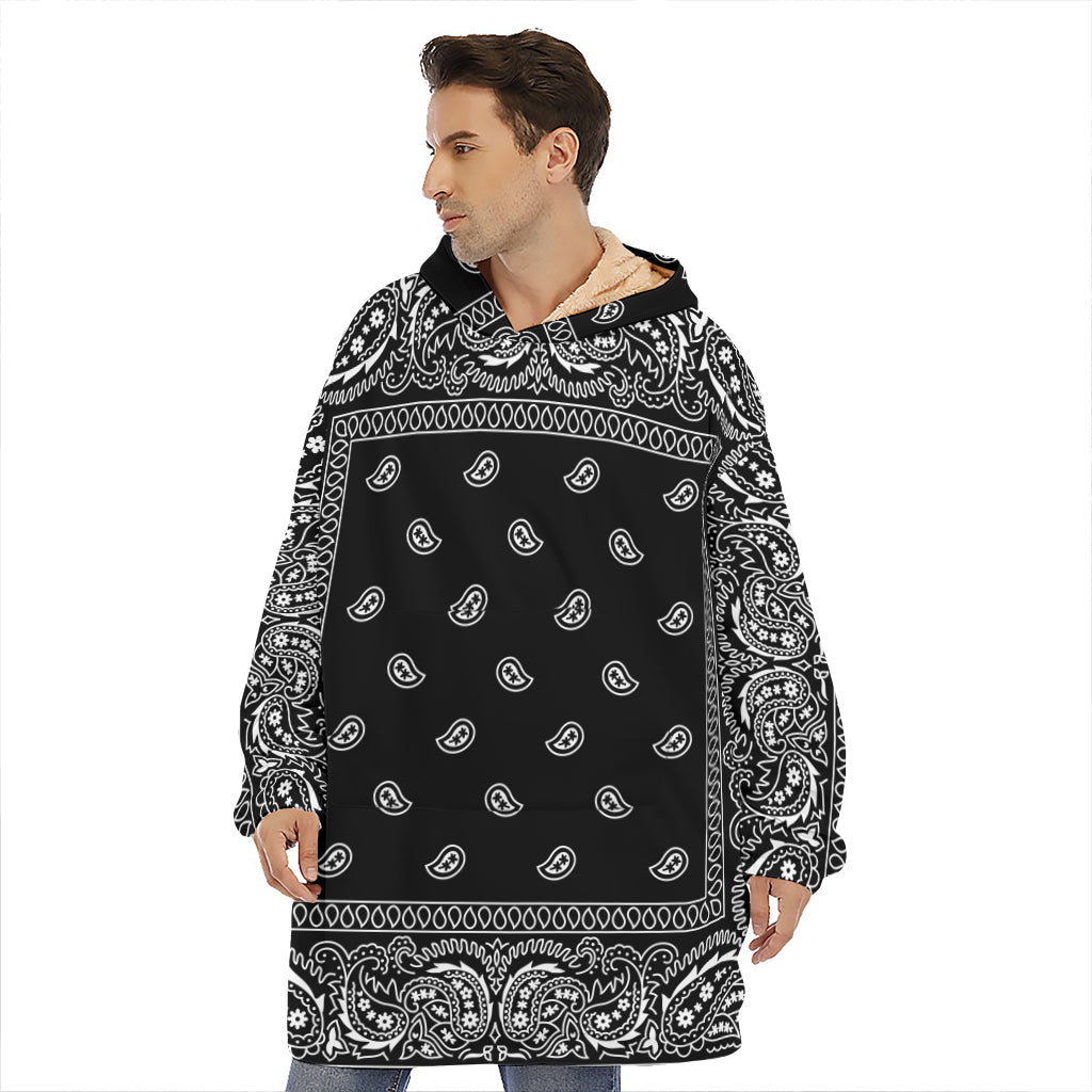 Black And White Paisley Bandana Print Hoodie Blanket