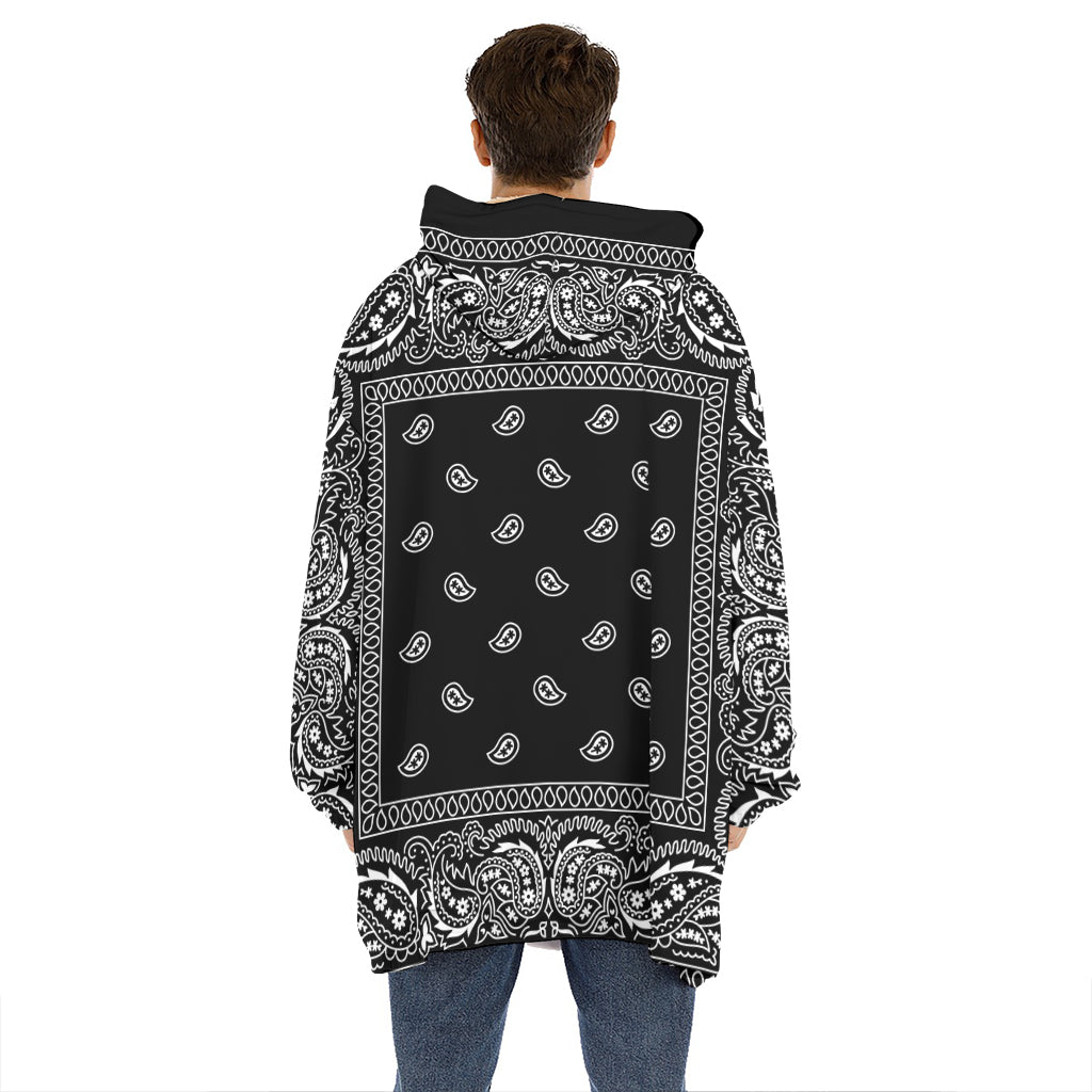 Black And White Paisley Bandana Print Hoodie Blanket