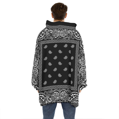 Black And White Paisley Bandana Print Hoodie Blanket