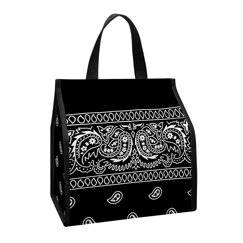 Black And White Paisley Bandana Print Insulated Lunch Tote