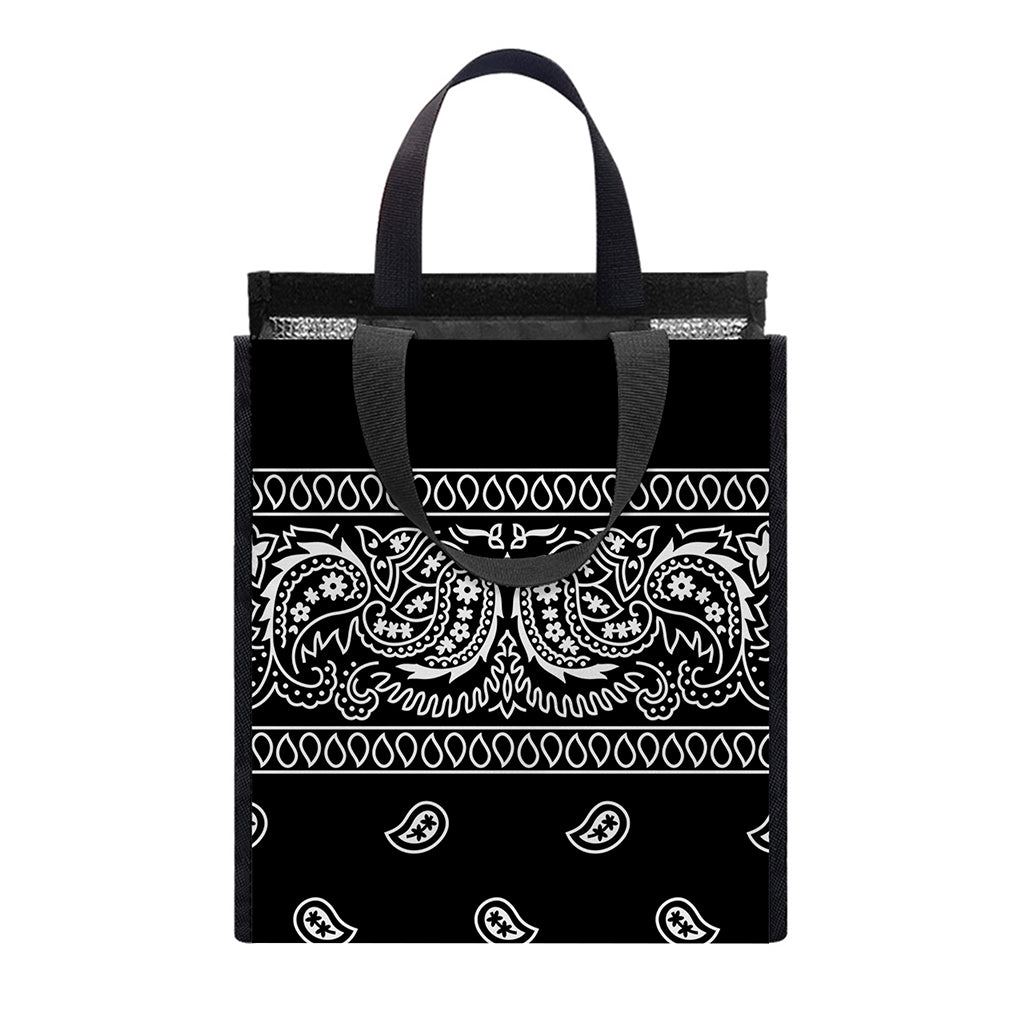 Black And White Paisley Bandana Print Insulated Lunch Tote