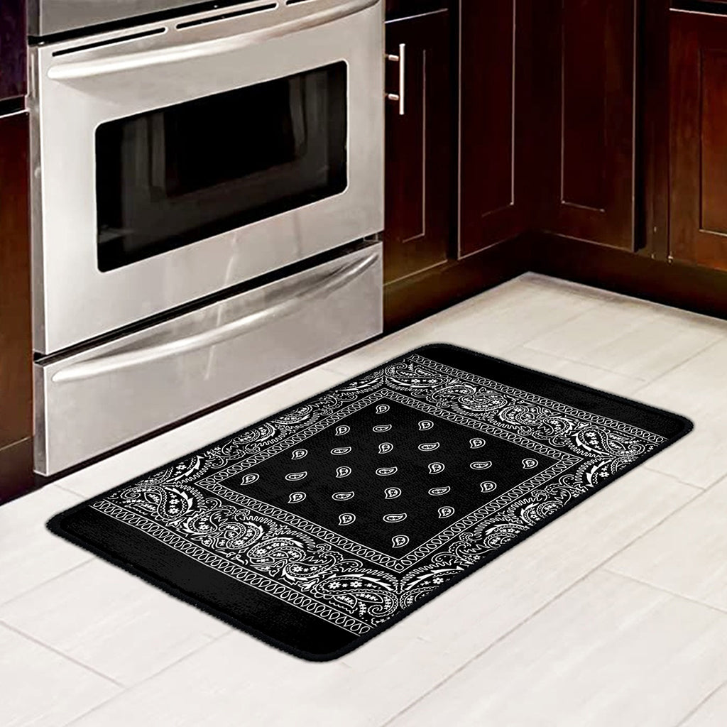 Black And White Paisley Bandana Print Kitchen Mat