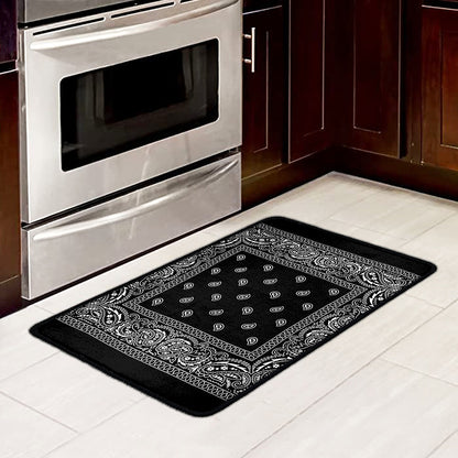 Black And White Paisley Bandana Print Kitchen Mat