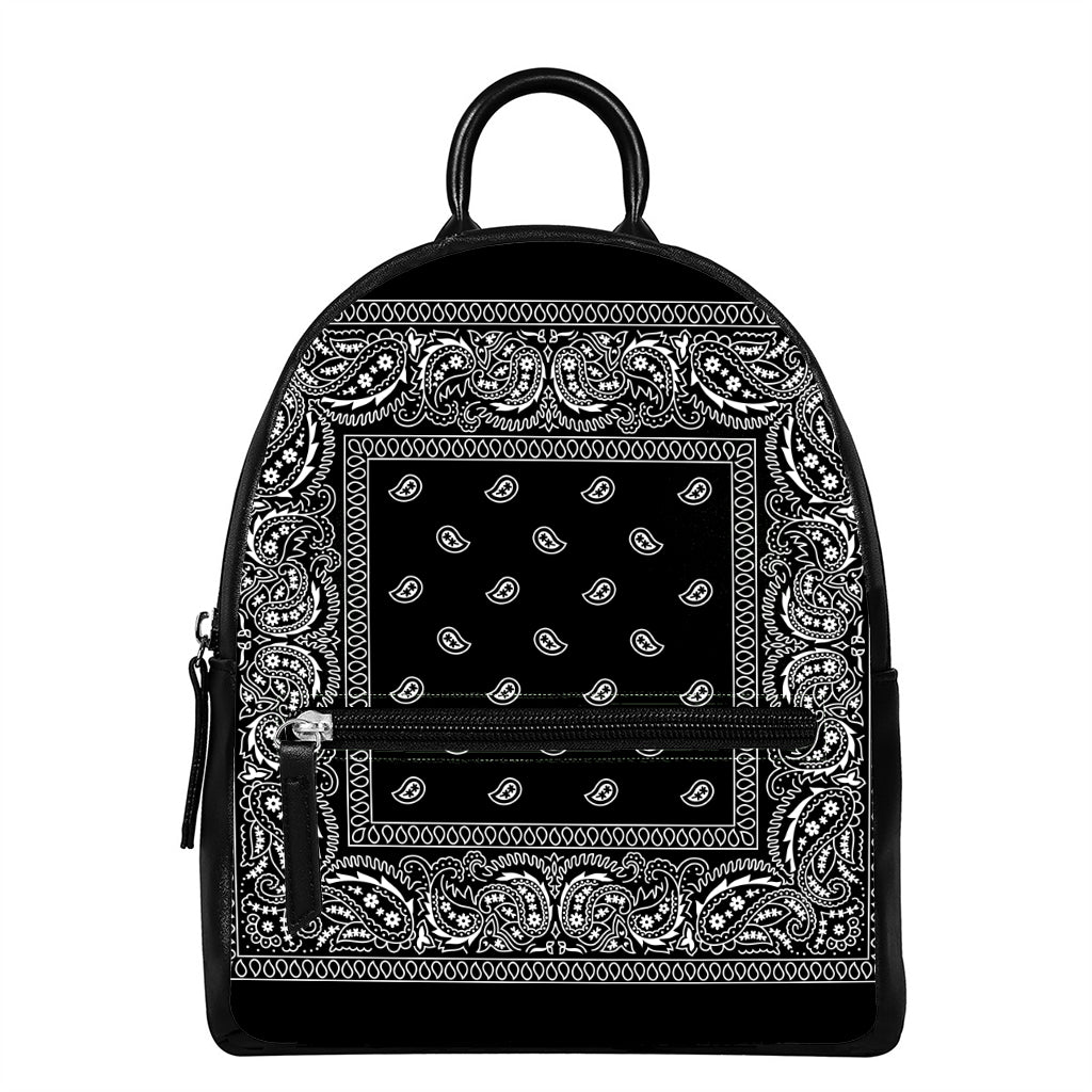 Black And White Paisley Bandana Print Leather Backpack