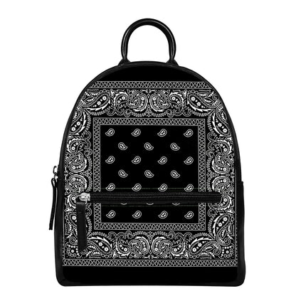Black And White Paisley Bandana Print Leather Backpack