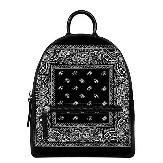 Black And White Paisley Bandana Print Leather Backpack