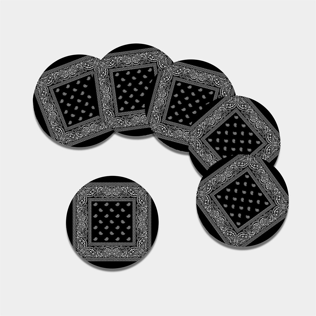 Black And White Paisley Bandana Print Leather Coaster Set