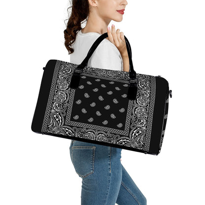 Black And White Paisley Bandana Print Leather Duffle Bag