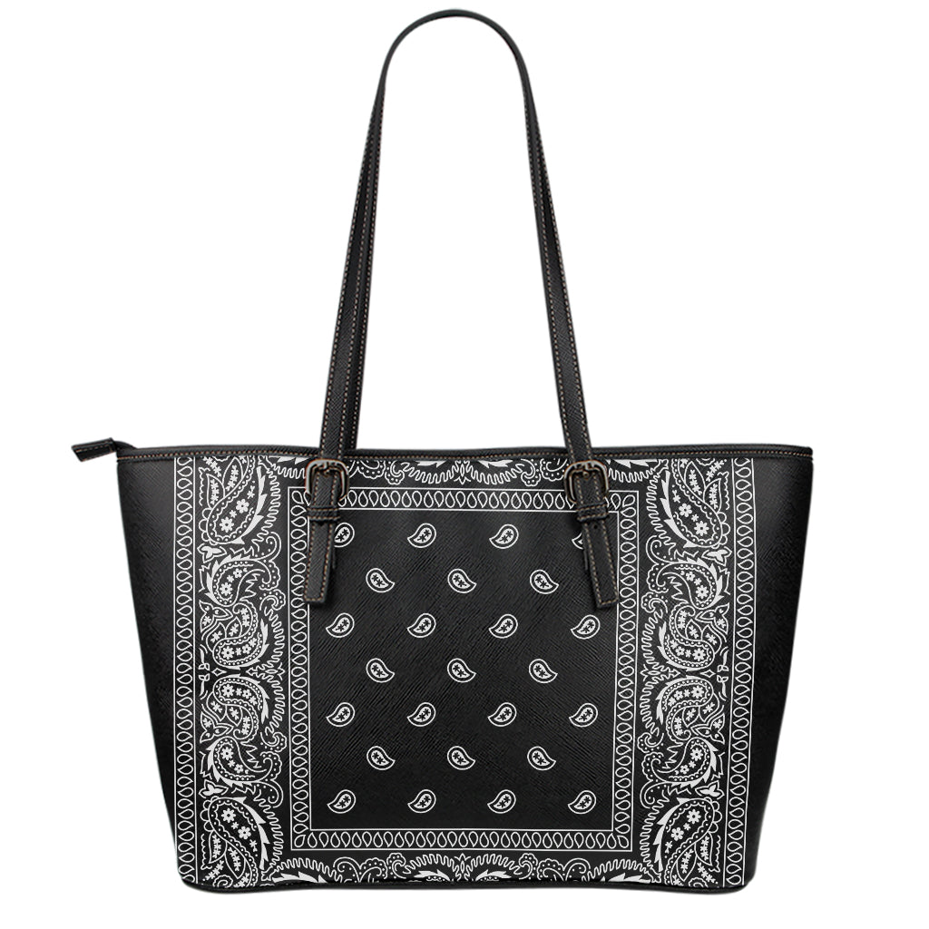 Black And White Paisley Bandana Print Leather Tote Bag