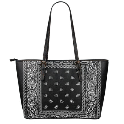 Black And White Paisley Bandana Print Leather Tote Bag