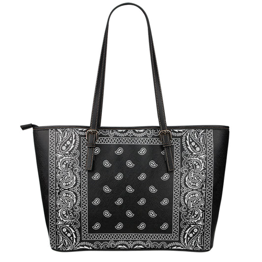 Black And White Paisley Bandana Print Leather Tote Bag
