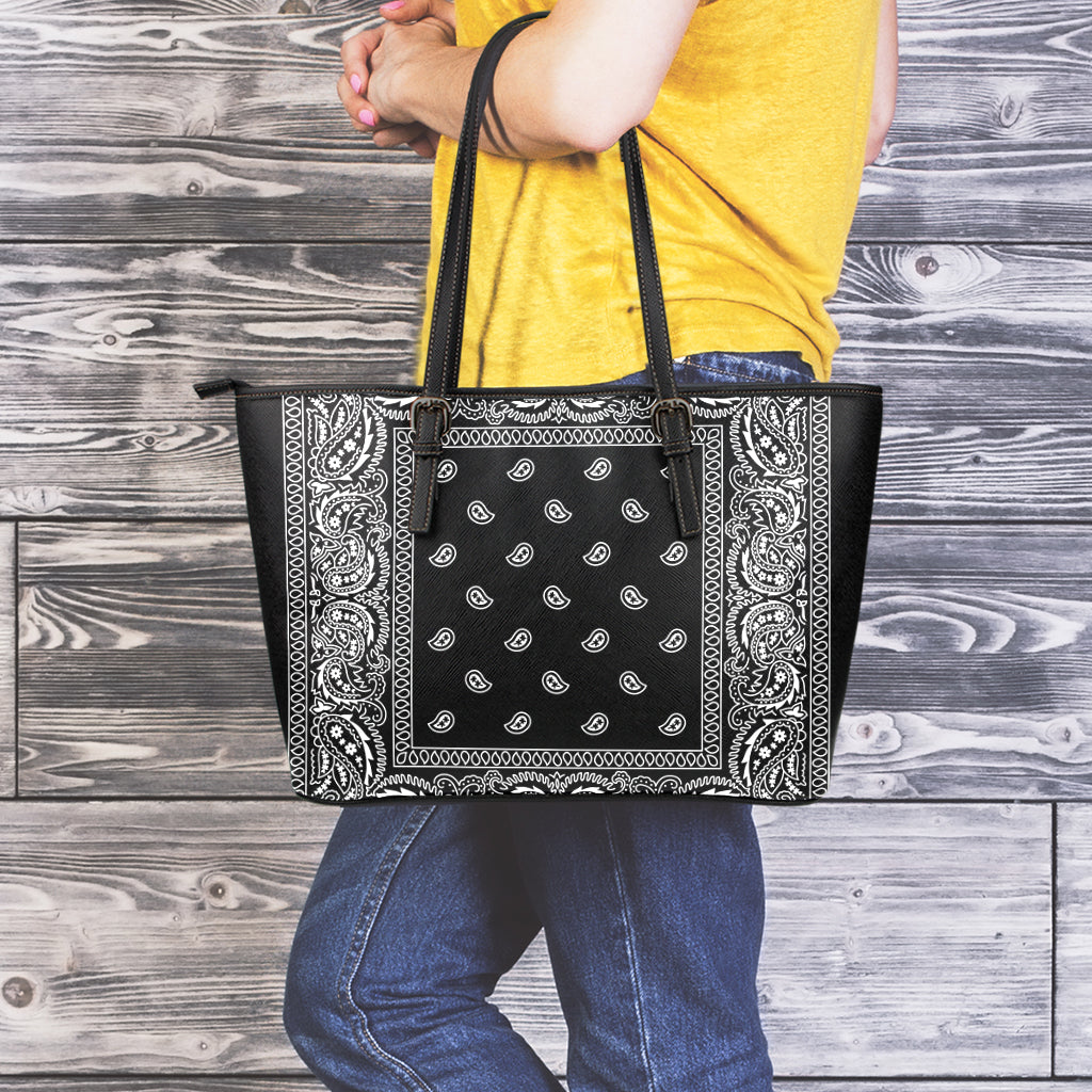 Black And White Paisley Bandana Print Leather Tote Bag