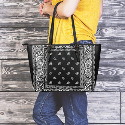 Black And White Paisley Bandana Print Leather Tote Bag