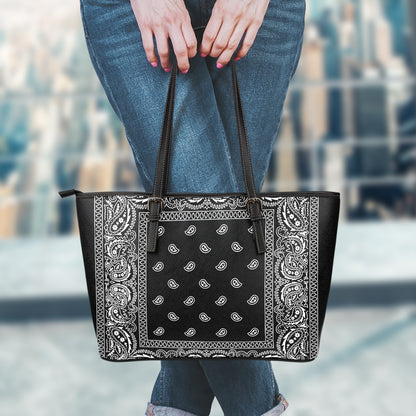 Black And White Paisley Bandana Print Leather Tote Bag