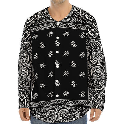 Black And White Paisley Bandana Print Long Sleeve Baseball Jersey