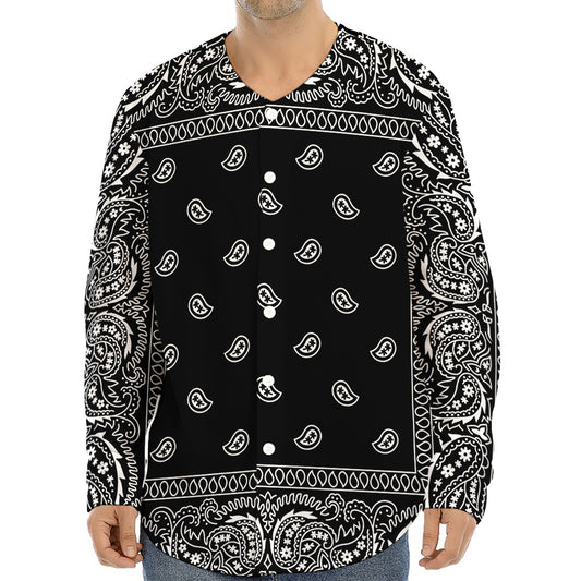 Black And White Paisley Bandana Print Long Sleeve Baseball Jersey