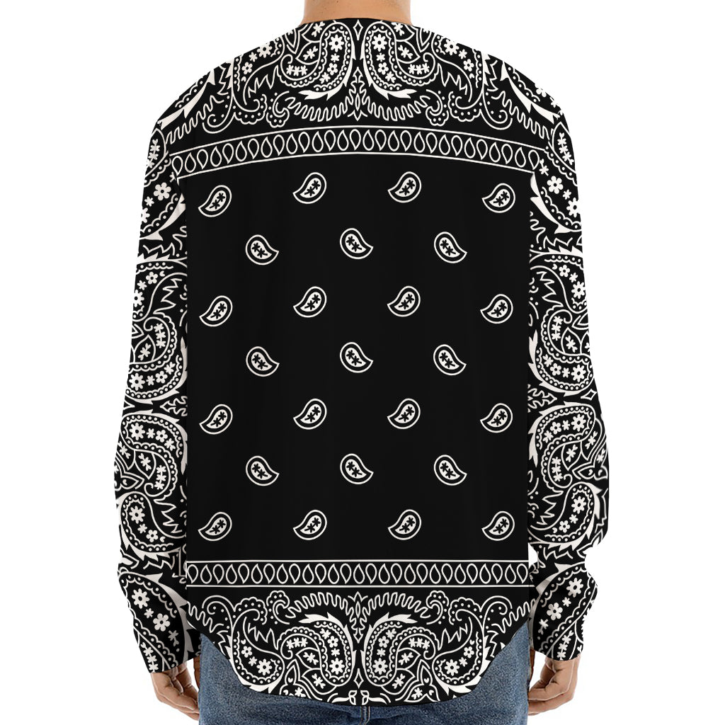 Black And White Paisley Bandana Print Long Sleeve Baseball Jersey