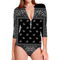 Black And White Paisley Bandana Print Long Sleeve Swimsuit