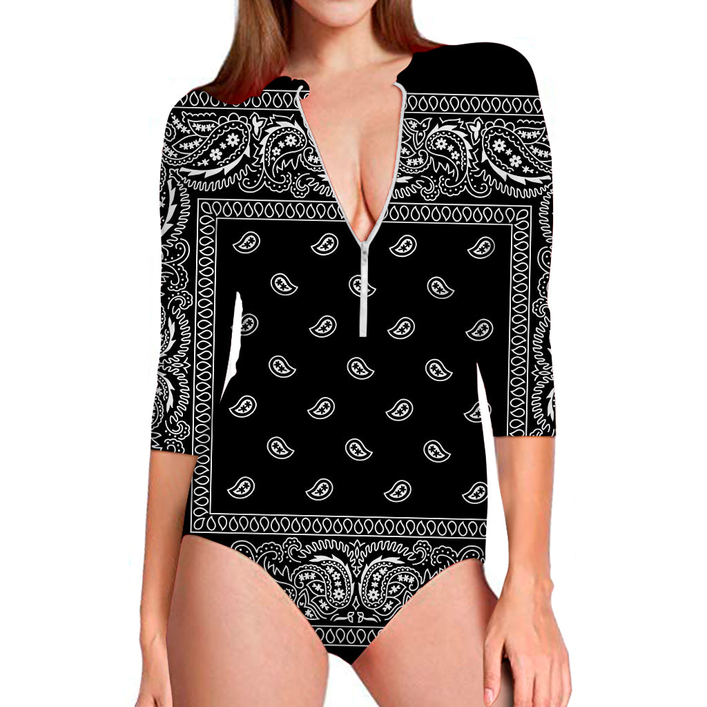 Black And White Paisley Bandana Print Long Sleeve Swimsuit