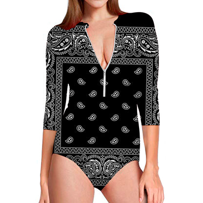 Black And White Paisley Bandana Print Long Sleeve Swimsuit
