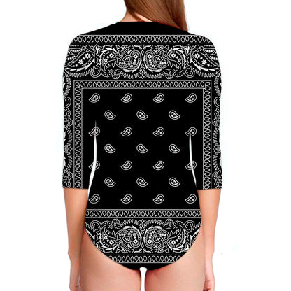 Black And White Paisley Bandana Print Long Sleeve Swimsuit