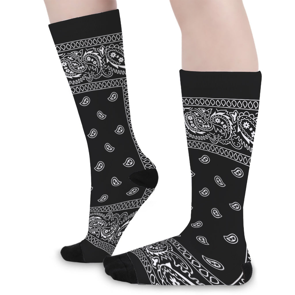 Black And White Paisley Bandana Print Long Socks